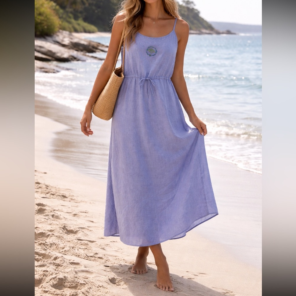 Vintage Linen Maxi Dress Lavender Purple Fish Coastal Hawaiian Sundress